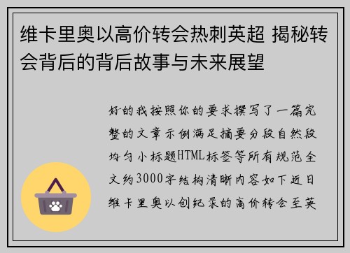 维卡里奥以高价转会热刺英超 揭秘转会背后的背后故事与未来展望